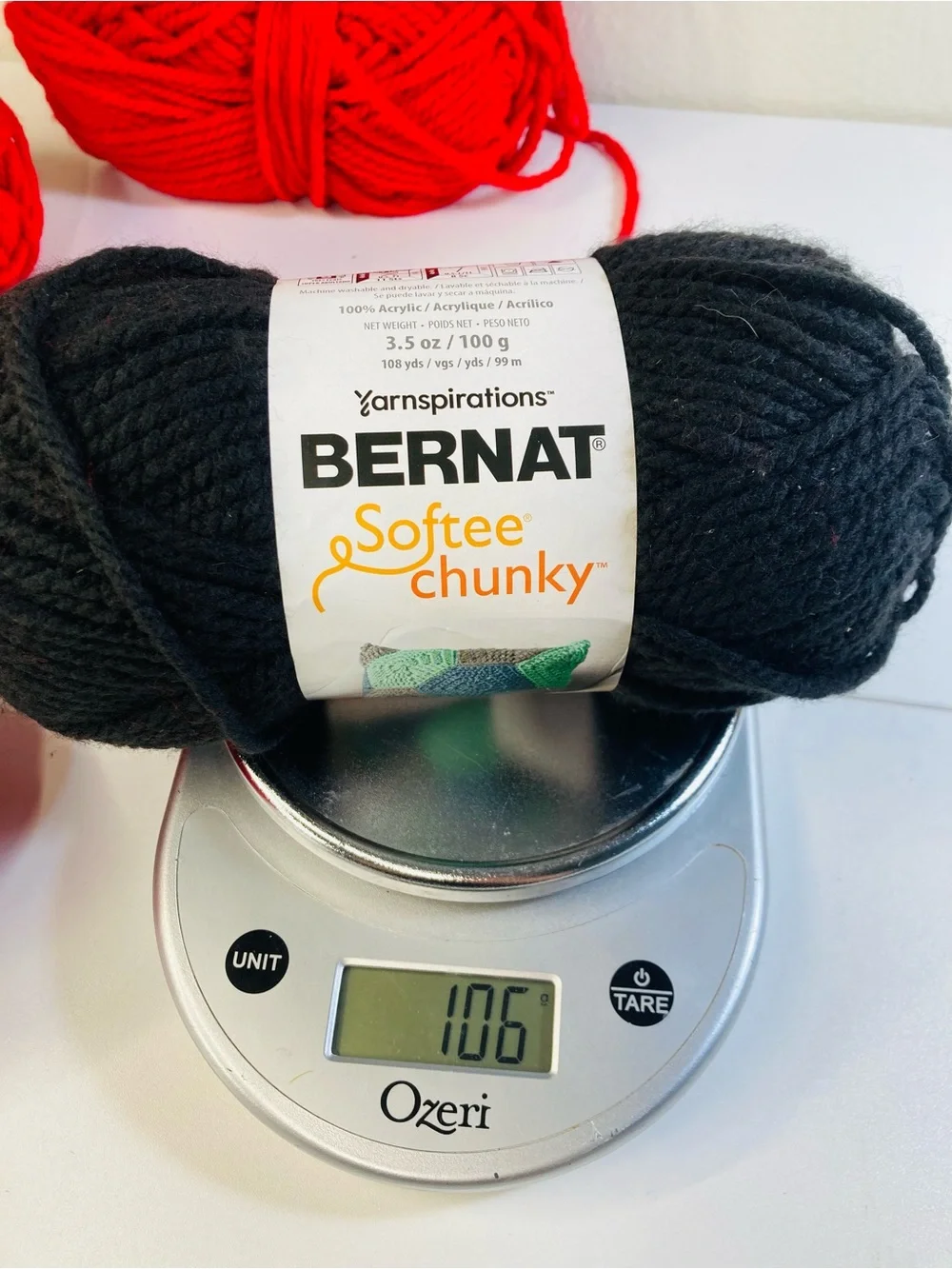 684g / 24.13 oz Bernat Softee Chunky Yarn Bundle in 6 Red & 1 Black 100% Acrylic